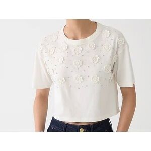J Crew NWT Sz M Cropped T-shirt with crochet floral appliqués